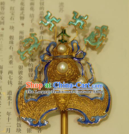 China Handmade Palace Woman Hair Stick Traditional Queen Headpiece Ancient Qing Dynasty Empress Golden Gourd Bat Hairpin