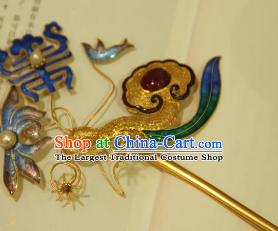 China Handmade Palace Woman Blueing Chrysanthemum Hair Stick Traditional Queen Headpiece Ancient Qing Dynasty Empress Ruby Hairpin