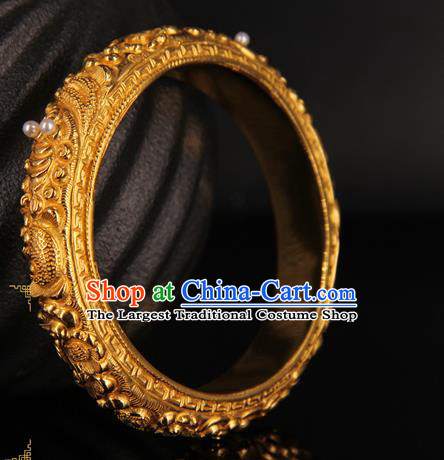 Handmade Chinese Traditional Court Pearls Bracelet Jewelry Ancient Qing Dynasty Carving Bangle Accessories