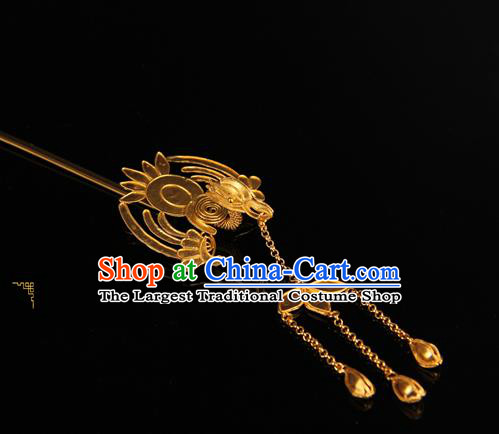 China Traditional Court Headpiece Ancient Qing Dynasty Empress Tassel Hairpin Handmade Palace Queen Golden Phoenix Hair Stick