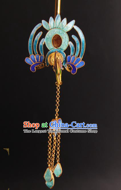 China Ancient Qing Dynasty Empress Tassel Hairpin Handmade Palace Queen Enamel Phoenix Hair Stick Traditional Court Headpiece