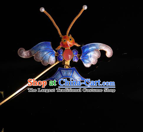 China Handmade Queen Hair Stick Qing Dynasty Empress Enamel Bat Hairpin Ancient Traditional Palace Headpiece