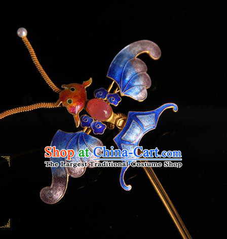 China Handmade Queen Hair Stick Qing Dynasty Empress Enamel Bat Hairpin Ancient Traditional Palace Headpiece