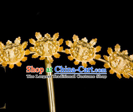 China Traditional Song Dynasty Palace Hair Accessories Handmade Court Hairpin Ancient Empress Golden Flowers Hair Stick