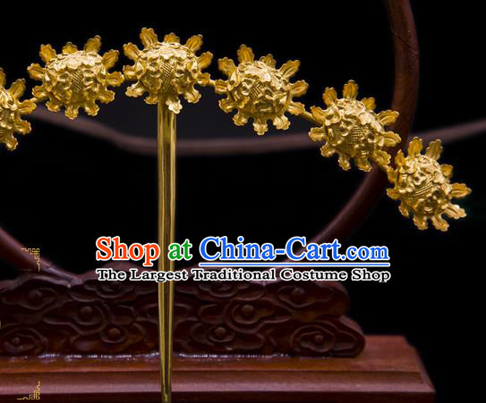 China Traditional Song Dynasty Palace Hair Accessories Handmade Court Hairpin Ancient Empress Golden Flowers Hair Stick