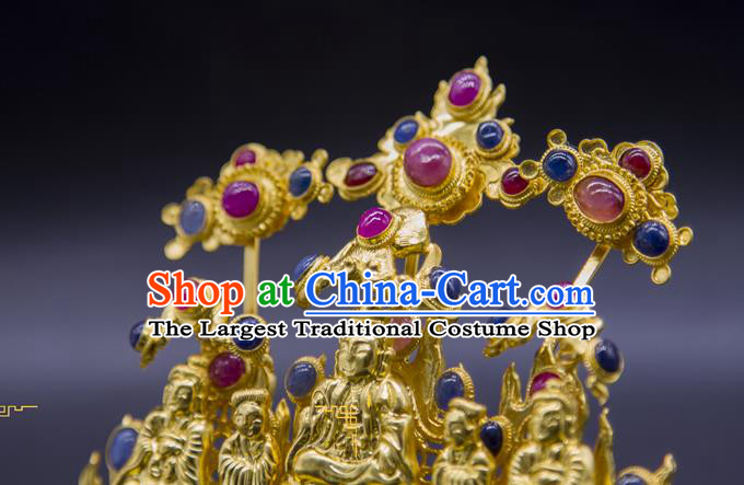 China Traditional Ming Dynasty Palace Gems Hair Accessories Handmade Court Hairpin Ancient Empress Golden Buddha Hair Crown