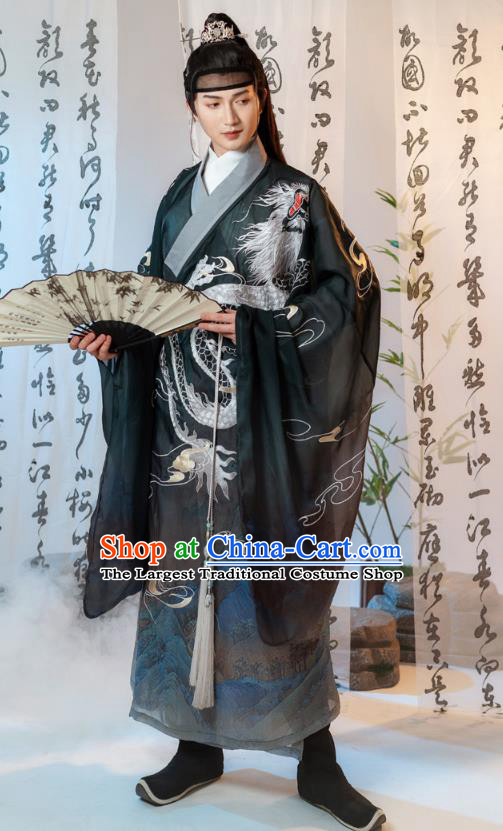 China Ancient Prince Embroidered Clothing Traditional Ming Dynasty Swordsman Black Robe Costumes for Men