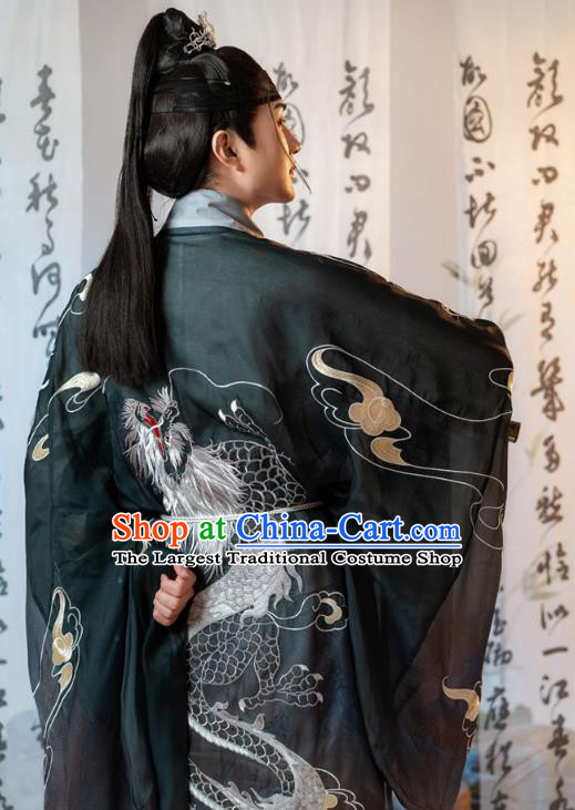 China Ancient Prince Embroidered Clothing Traditional Ming Dynasty Swordsman Black Robe Costumes for Men