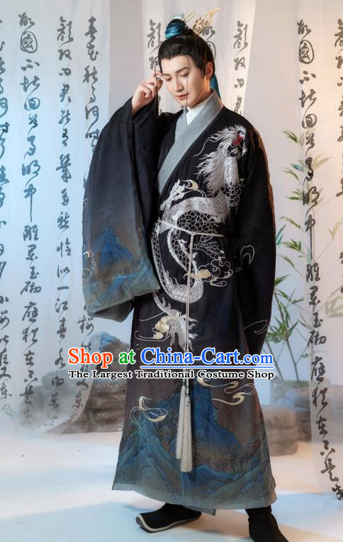 China Ancient Prince Embroidered Clothing Traditional Ming Dynasty Swordsman Black Robe Costumes for Men
