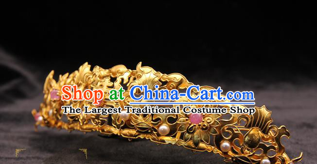 China Traditional Ming Dynasty Hair Accessories Handmade Golden Hairpin Ancient Empress Pearls Hair Crown