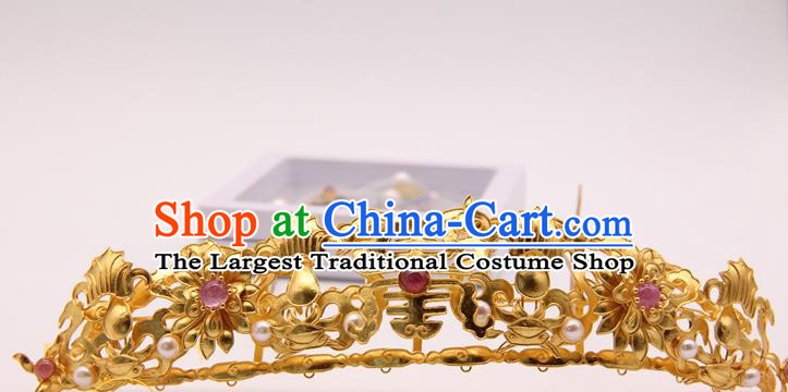 China Traditional Ming Dynasty Hair Accessories Handmade Golden Hairpin Ancient Empress Pearls Hair Crown