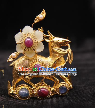 China Ancient Empress Golden Deer Hairpin Handmade Hair Accessories Traditional Ming Dynasty Jade Plum Hair Crown