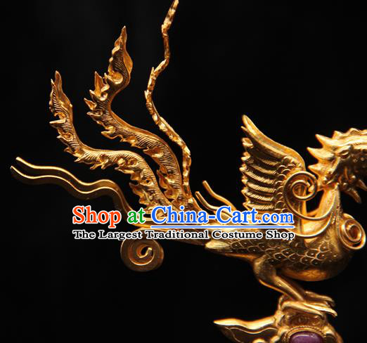 China Ancient Imperial Consort Hairpin Handmade Hair Accessories Traditional Ming Dynasty Golden Phoenix Hair Stick