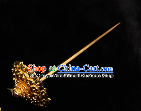 China Traditional Ming Dynasty Imperial Consort Golden Hair Stick Handmade Hair Accessories Ancient Palace Ruby Hairpin