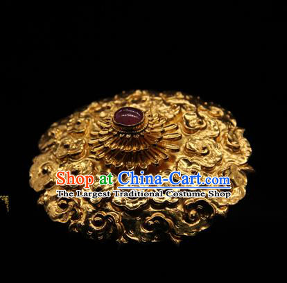 China Traditional Ming Dynasty Imperial Consort Golden Hair Stick Handmade Hair Accessories Ancient Palace Ruby Hairpin