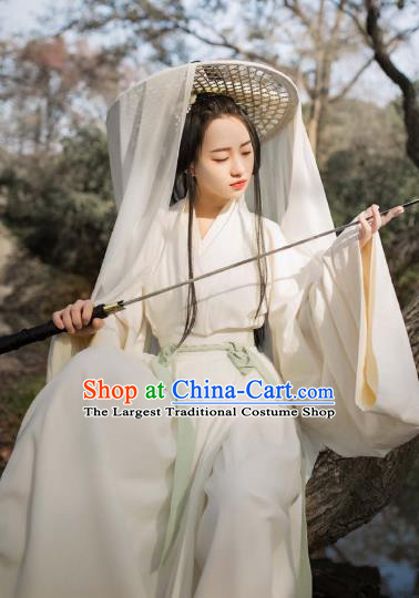 China Traditional Jin Dynasty Female Swordsman Historical Clothing Ancient Noble Beauty White Hanfu Dress