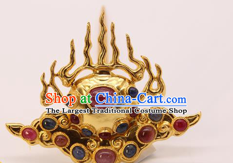 China Ancient Empress Golden Flame Hairpin Handmade Hair Accessories Traditional Ming Dynasty Gems Hair Crown
