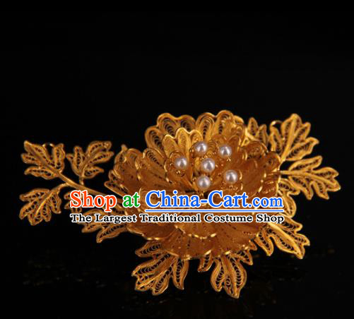 Handmade Chinese Ancient Qing Dynasty Accessories Traditional Court Golden Peony Brooch Jewelry