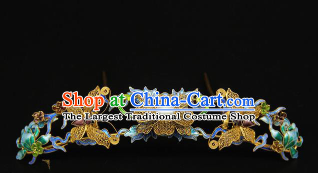 China Ancient Qing Dynasty Empress Golden Butterfly Hairpin Traditional Palace Headpiece Handmade Queen Blueing Hair Crown