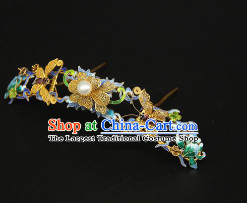 China Ancient Qing Dynasty Empress Golden Butterfly Hairpin Traditional Palace Headpiece Handmade Queen Blueing Hair Crown
