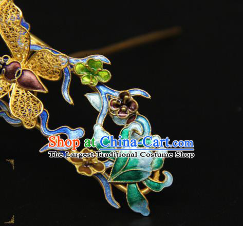 China Ancient Qing Dynasty Empress Golden Butterfly Hairpin Traditional Palace Headpiece Handmade Queen Blueing Hair Crown