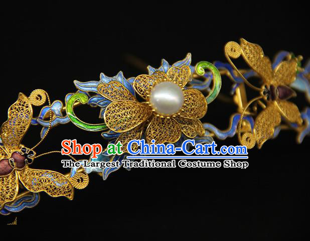 China Ancient Qing Dynasty Empress Golden Butterfly Hairpin Traditional Palace Headpiece Handmade Queen Blueing Hair Crown