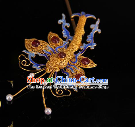China Handmade Queen Enamel Dragonfly Hair Stick Traditional Palace Headpiece Ancient Qing Dynasty Empress Gems Hairpin