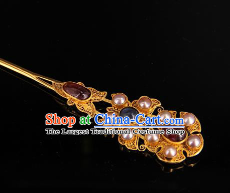 China Handmade Queen Pearls Hair Stick Traditional Palace Headpiece Ancient Ming Dynasty Empress Ruby Hairpin