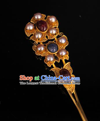 China Handmade Queen Pearls Hair Stick Traditional Palace Headpiece Ancient Ming Dynasty Empress Ruby Hairpin