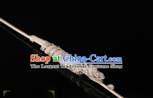 China Ancient Emperor Silver Dragon Head Hairpin Traditional Ming Dynasty Lord Hair Stick