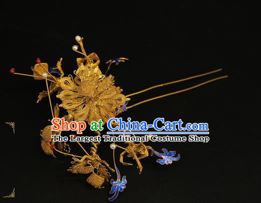 China Handmade Queen Golden Peony Hair Stick Traditional Palace Headpiece Ancient Qing Dynasty Empress Cloisonne Hairpin
