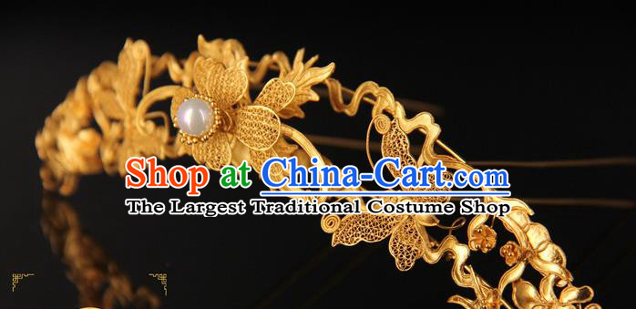 China Handmade Queen Golden Butterfly Hair Crown Traditional Palace Headpiece Ancient Ming Dynasty Empress Pearl Hairpin