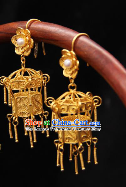 Handmade Chinese Ancient Qing Dynasty Palace Earrings Accessories Traditional Court Golden Lantern Ear Jewelry