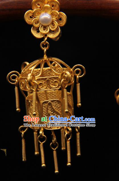 Handmade Chinese Ancient Qing Dynasty Palace Earrings Accessories Traditional Court Golden Lantern Ear Jewelry