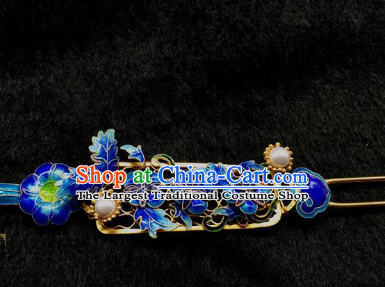 China Handmade Court Queen Pearls Hair Stick Traditional Palace Headpiece Ancient Qing Dynasty Empress Enamel Peony Hairpin