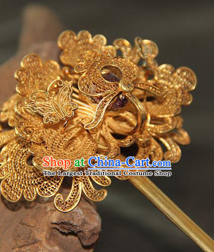China Handmade Court Queen Golden Peony Hair Stick Traditional Palace Headpiece Ancient Qing Dynasty Empress Ruby Hairpin