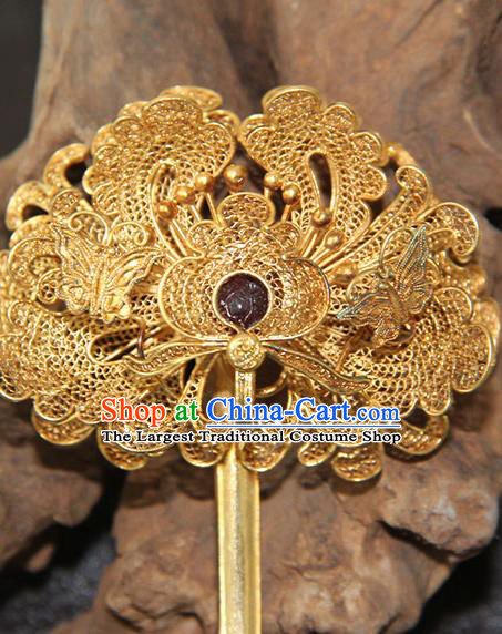 China Handmade Court Queen Golden Peony Hair Stick Traditional Palace Headpiece Ancient Qing Dynasty Empress Ruby Hairpin