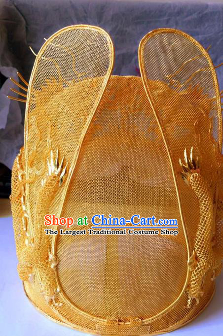 China Ancient Emperor Golden Hat Traditional Ming Dynasty Lord Dragon Headwear
