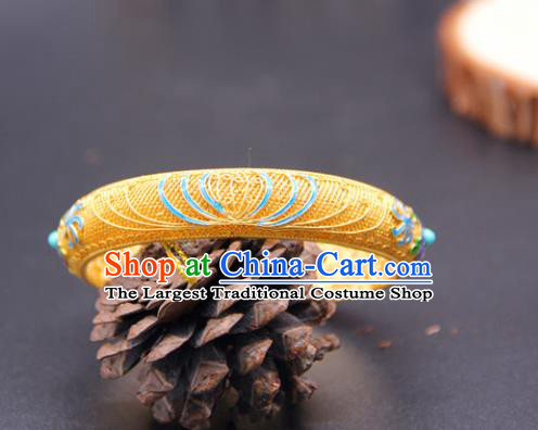 Handmade Traditional Court Enamel Bracelet Jewelry Chinese Ancient Qing Dynasty Queen Golden Bangle Accessories