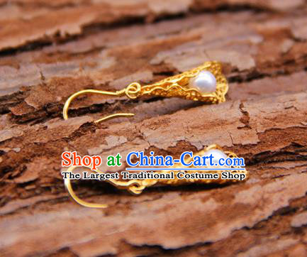 Handmade Traditional Court Golden Earrings Jewelry Chinese Ancient Qing Dynasty Queen Pearl Ear Accessories