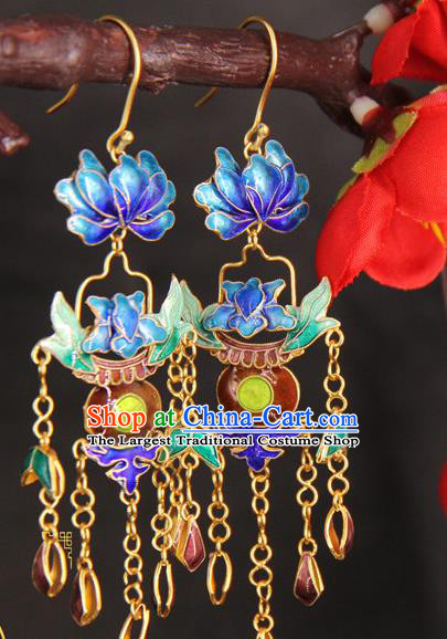 Handmade Chinese Traditional Court Cloisonne Peony Ear Jewelry Ancient Qing Dynasty Imperial Consort Earrings Accessories