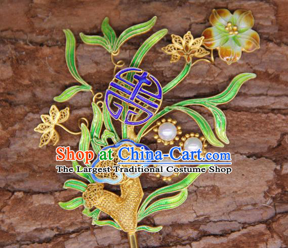 China Handmade Court Blueing Hair Stick Traditional Palace Hair Jewelry Ancient Qing Dynasty Empress Golden Hairpin