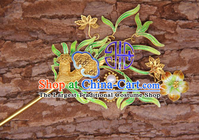 China Handmade Court Blueing Hair Stick Traditional Palace Hair Jewelry Ancient Qing Dynasty Empress Golden Hairpin
