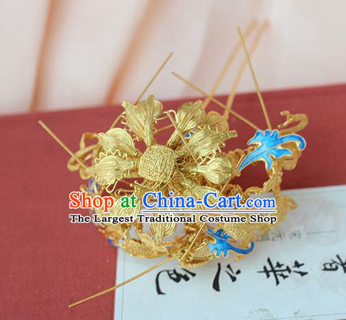 China Handmade Court Golden Lotus Hair Stick Traditional Palace Hair Jewelry Ancient Ming Dynasty Empress Cloisonne Hairpin