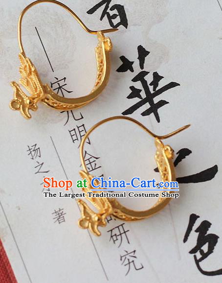 Handmade Traditional Court Golden Phoenix Ear Jewelry Chinese Ancient Tang Dynasty Queen Earrings Accessories