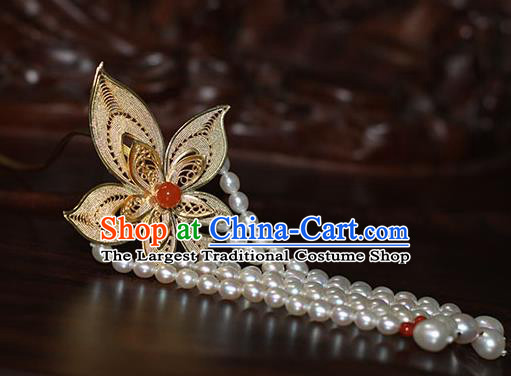 China Handmade Court Beads Tassel Hair Stick Traditional Palace Hair Jewelry Ancient Qing Dynasty Empress Golden Leaf Hairpin