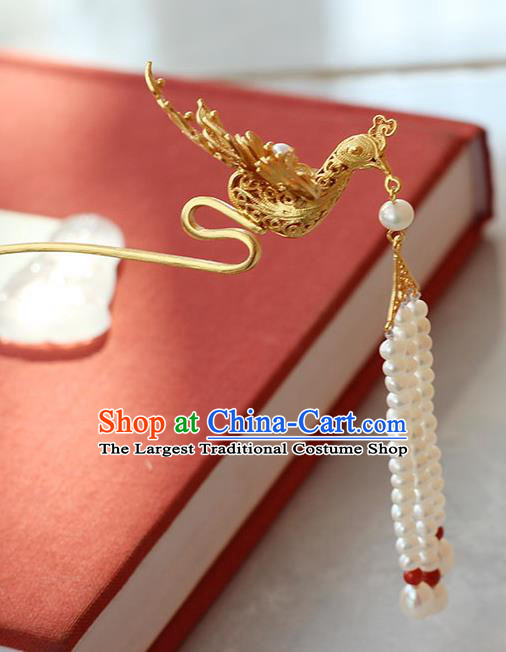China Ancient Ming Dynasty Empress Beads Tassel Hairpin Traditional Palace Hair Jewelry Handmade Court Golden Phoenix Hair Stick
