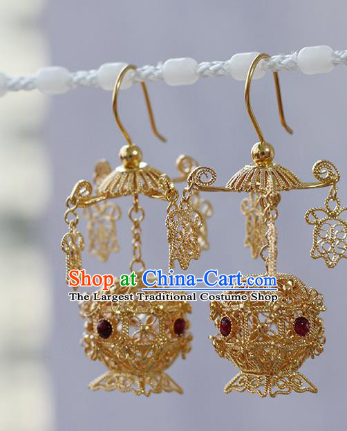 Handmade Traditional Court Tourmaline Ear Jewelry Chinese Ancient Ming Dynasty Golden Lantern Earrings Accessories