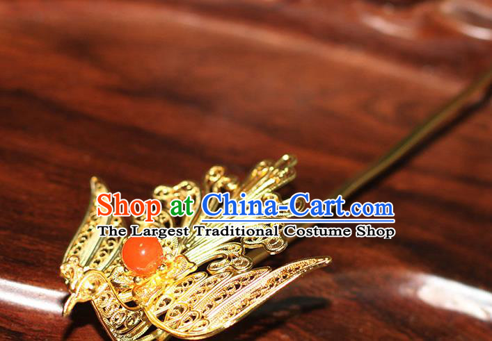 China Handmade Court Agate Bead Hair Stick Traditional Palace Hair Jewelry Ancient Ming Dynasty Empress Golden Phoenix Hairpin