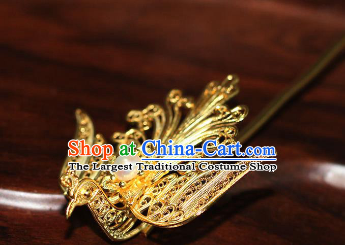 China Traditional Palace Hair Jewelry Ancient Ming Dynasty Empress Golden Phoenix Hairpin Handmade Court Pearl Hair Stick